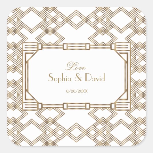 Glam White Gold Great Gatsby Wedding Quadratischer Aufkleber (Vorderseite)