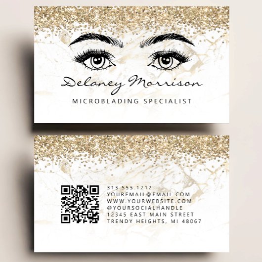 Glam White Gold Marmor Augen QR-Code Microblading Visitenkarte