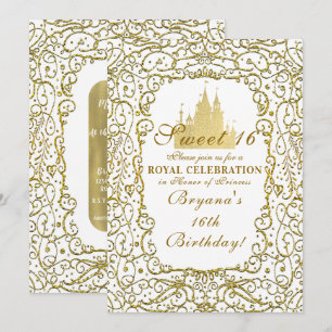 Glam White & Gold Royal Castle Prinzessin Sweet 16 Einladung