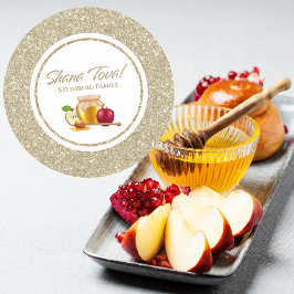 Glam White und Gold Glitzer Juwish Rosh Hashanah Runder Aufkleber