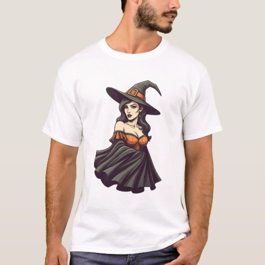 Glam Witch Pinup Halloween Babe Retro Spooky T-Shirt (Vorderseite)