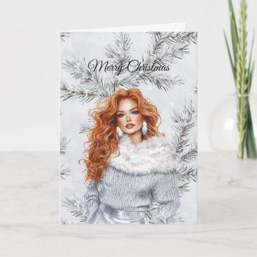 Glam Woman Red Hair Silver Christmas Tree Branches Karte (Vorderseite)
