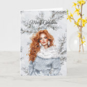 Glam Woman Red Hair Silver Christmas Tree Branches Karte (Gelbe Blume)