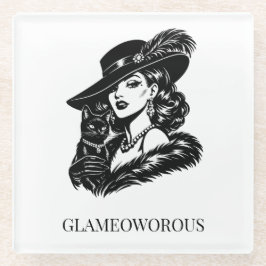 Glam Woman with Cat Fashion Illustration Glasuntersetzer