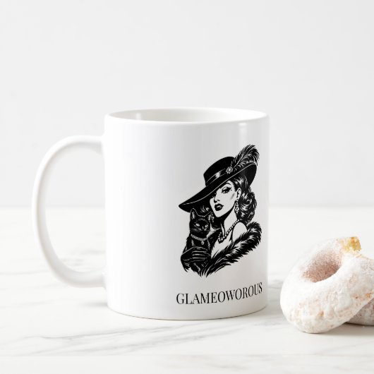 Glam Woman with Cat Fashion Illustration Kaffeetasse (Mit Donut)