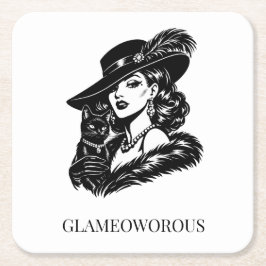 Glam Woman with Cat Fashion Illustration Rechteckiger Pappuntersetzer