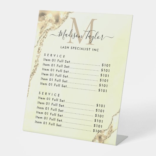 Glam Yellow Glitzer Agate Marble Monogramm Sockelschild (Vorderseite)