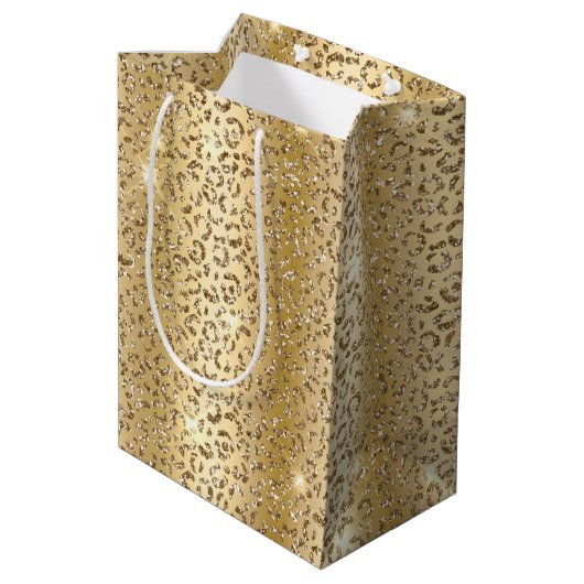 Glam Yellow Glitzer Leopard Mittlere Geschenktüte (Rückseite Schrägansicht)