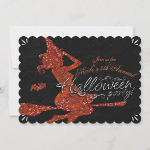 Glam-Zauberin fliegt auf Besen Halloween-Party Einladung