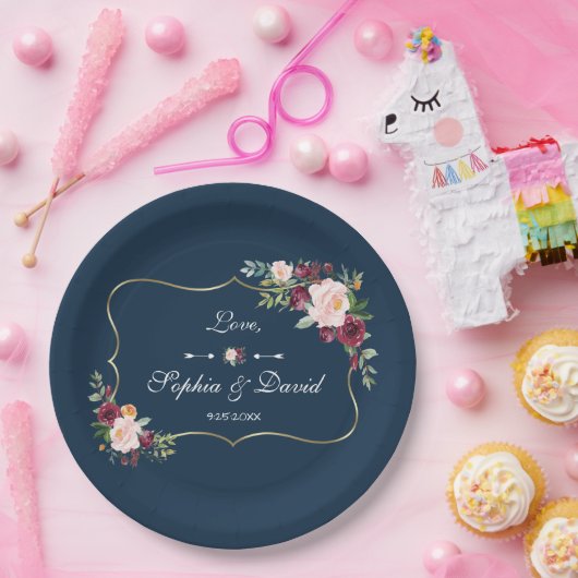 GlamGold Burgundy Blush Bloral Navy Blue Wedding Pappteller (Party)