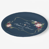 GlamGold Burgundy Blush Bloral Navy Blue Wedding Pappteller (Schrägansicht)