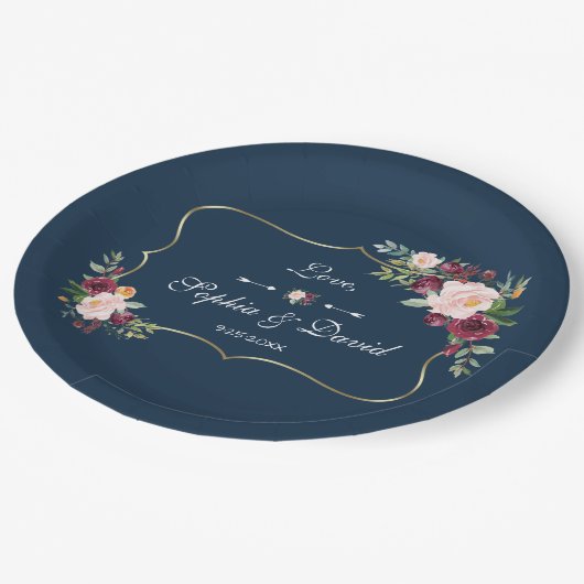 GlamGold Burgundy Blush Bloral Navy Blue Wedding Pappteller (Schrägansicht)