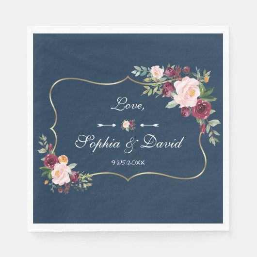 GlamGold Burgundy Blush Bloral Navy Blue Wedding Serviette (Vorderseite)