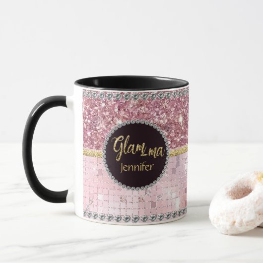 Glamma Glamma Rosa Glitzer Goldname Tasse (Mit Donut)