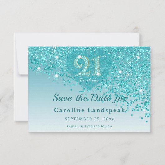 Glamorous 21st Birthday Teal Glitter Frosted Heart Save The Date (Vorderseite)