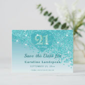Glamorous 21st Birthday Teal Glitter Frosted Heart Save The Date (Stehend Vorderseite)