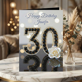 Glamorous 30th Birthday Black Diamonds White Rose  Karte