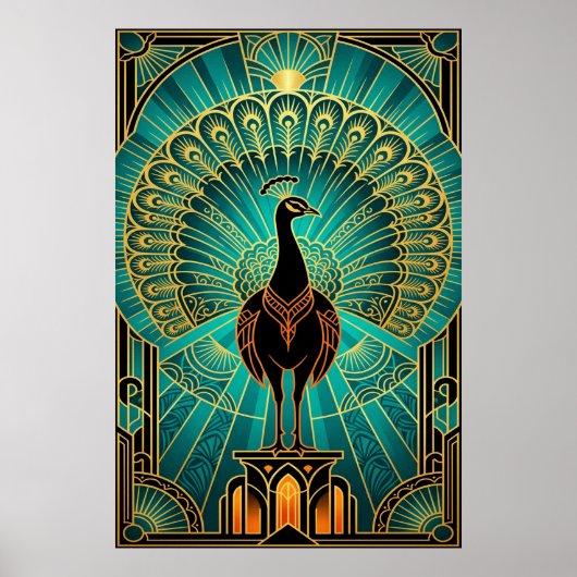 Glamorous Art Deco Peacock Teal & Gold Poster (Vorne)