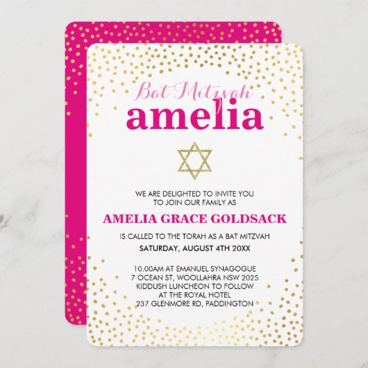 GLAMOROUS BAT MITZVAH rustikaler Goldkonfetti pink Einladung (Vorne/Hinten)