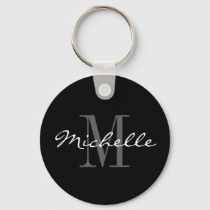 Glamorous black and white name monogram keychain schlüsselanhänger