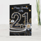 Glamorous Black Gemstone White Rose 21st Birthday Karte (Vorderseite)