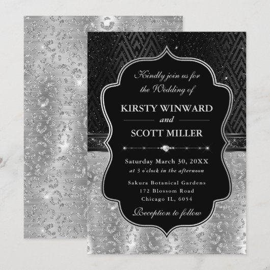 Glamorous Black Silver Leopard Spots Wedding Einladung (Vorne/Hinten)