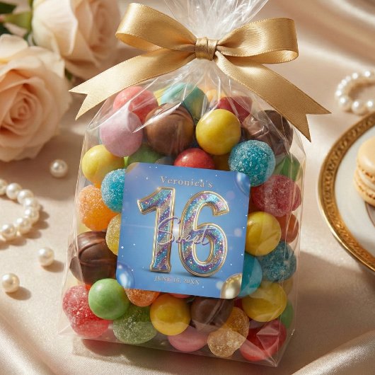 Glamorous Blue Gold Glitter Balloons Sweet 16 Quadratischer Aufkleber