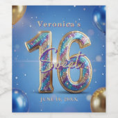 Glamorous Blue Gold Glitter Sweet 16 Birthday Weinetikett (Einzelnes Label)