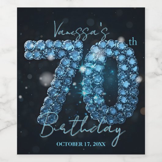 Glamorous Blue Sapphire Gem 70th Birthday Weinetikett (Einzelnes Label)