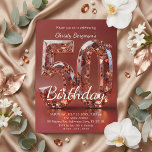 Glamorous Burgundy Red Diamond 50th Birthday Einladung<br><div class="desc">Celebrate a milestone 50th birthday in luxurious style with this elegant birthday party invitation. Featuring stunning 3D rose gold diamond numbers against a rich burgundy red background, this glamorous aesthetic is perfect for a woman's fabulous fiftieth celebration. Easily update the template with your specific event details, venue, and RSVP information...</div>