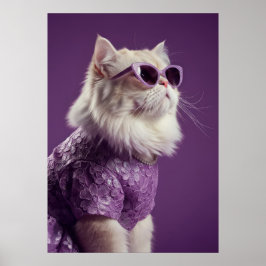 Glamorous Cat in Purple Lace Dress Poster