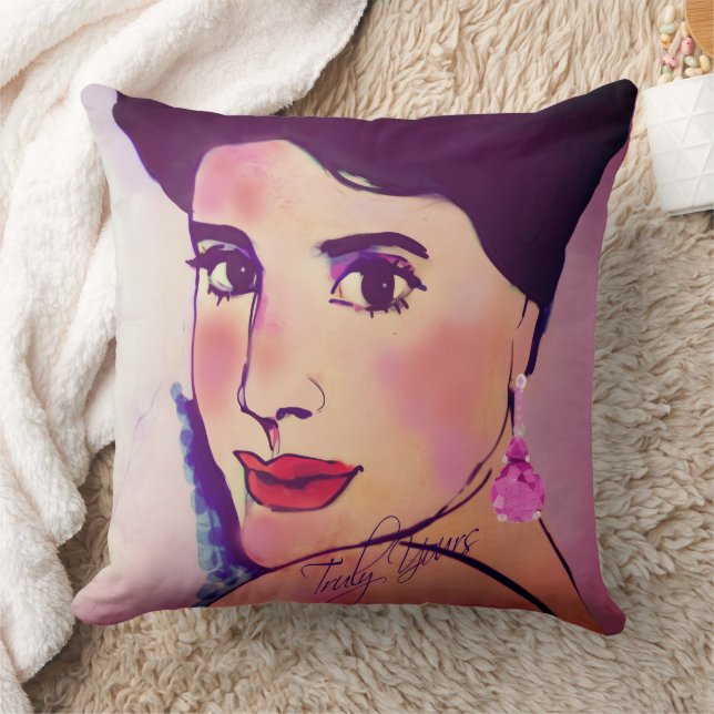 Glamorous Dark Haired Woman Bold Drawing Modern  Kissen (Decke)