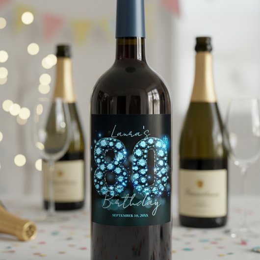 Glamorous Elegant Teal Blue Diamonds 80th Birthday Weinetikett