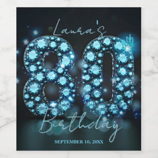Glamorous Elegant Teal Blue Diamonds 80th Birthday Weinetikett (Einzelnes Label)