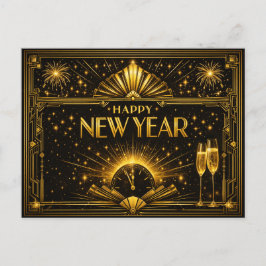 Glamorous Gold Black Art Deco New Year Feiertagspostkarte
