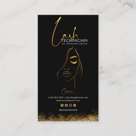 Glamorous Gold & Black Lash Tech QR Code  Visitenkarte (Vorderseite)