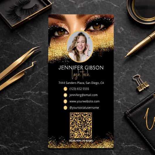 Glamorous Gold & Black Lash Tech QR Code  Visitenkarte