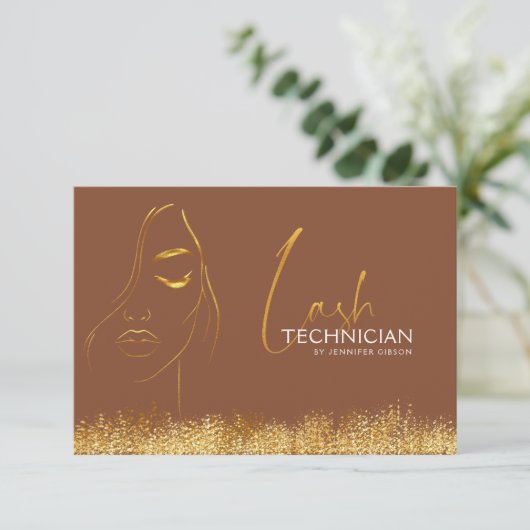Glamorous Gold & Brown Lash Tech Gift Certificate (Stehend Vorderseite)