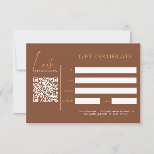 Glamorous Gold & Brown Lash Tech Gift Certificate (Rückseite)
