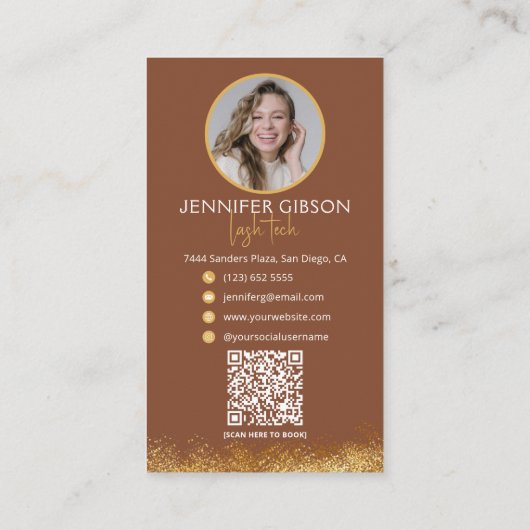 Glamorous Gold & Brown Lash Tech QR Code  Visitenkarte (Rückseite)