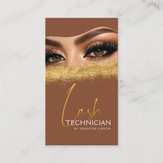 Glamorous Gold & Brown Lash Tech QR Code Visitenkarte (Vorderseite)