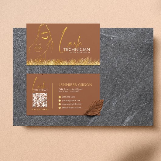 Glamorous Gold & Brown Lash Tech QR Code  Visitenkarte
