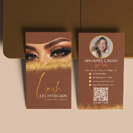 Glamorous Gold & Brown Lash Tech QR Code  Visitenkarte