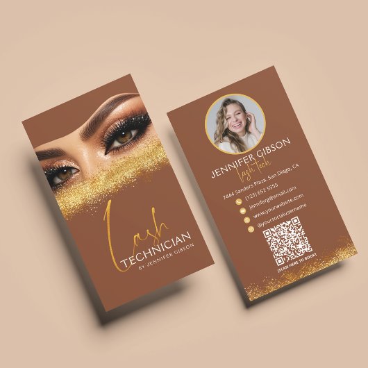 Glamorous Gold & Brown Lash Tech QR Code  Visitenkarte