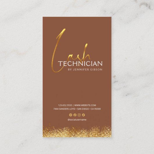 Glamorous Gold & Brown Lash Tech Terminkarte (Rückseite)