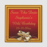 Glamorous Gold Frame & Falsch Bow 90th Birthday Magnet<br><div class="desc">Stylish custom 90th Birthday party Save The Date. Elegant and glamorous personalized / personalised birthday party celebration save the date magnets for women. With a beautiful, sophisticated gold framed border and an abstract wavy flourishes and printed image sparkles, with a fancy, glam shiny realistic golden bows image on festive pretty...</div>