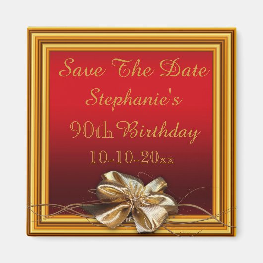 Glamorous Gold Frame & Falsch Bow 90th Birthday Magnet (Vorne)