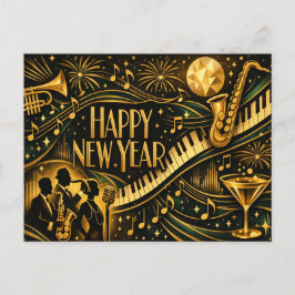 Glamorous Gold Jazz Art Deco New Year Feiertagspostkarte