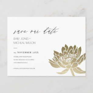 GLAMOROUS GOLD WHITE LOTUS FLORAL SAVE THE DATE ANKÜNDIGUNGSPOSTKARTE