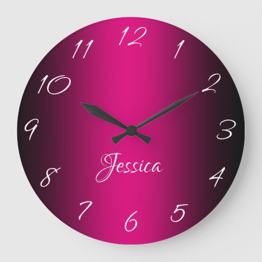 Glamorous Hot Pink and Black Ombre Personalized Große Wanduhr (Vorderseite)